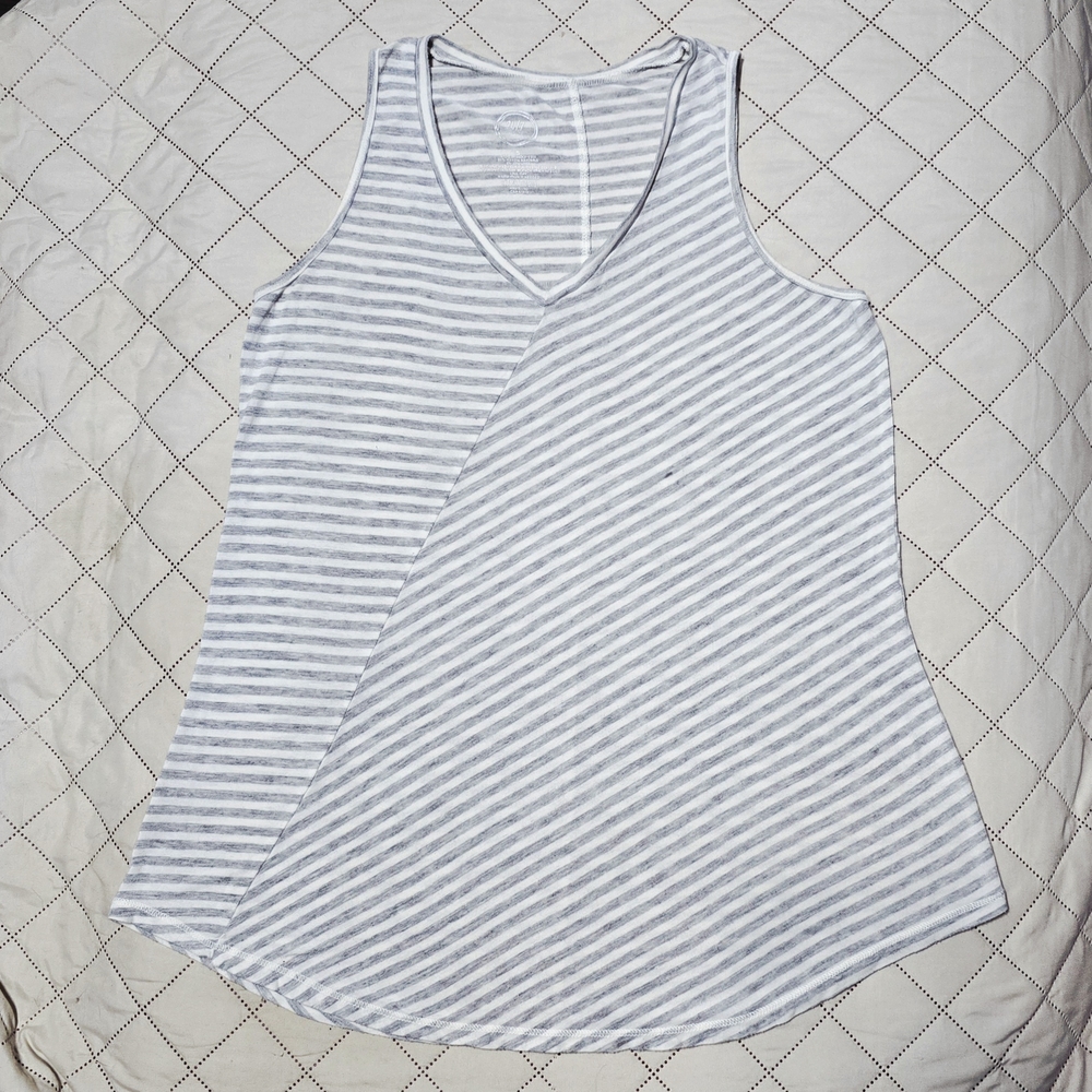 Maurices 24/7 Striped V Neck Tank Top Gray White S Asymmetrical Diagonal Knit